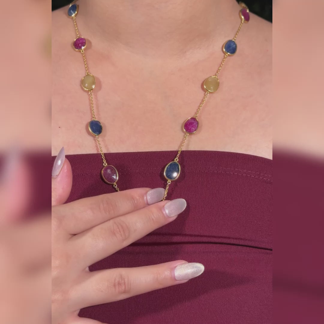 The Trinity Royal Gemstone Chain - Ruby Yellow Sapphire Blue Sapphire 18kt Gold Plated Sterling Silver