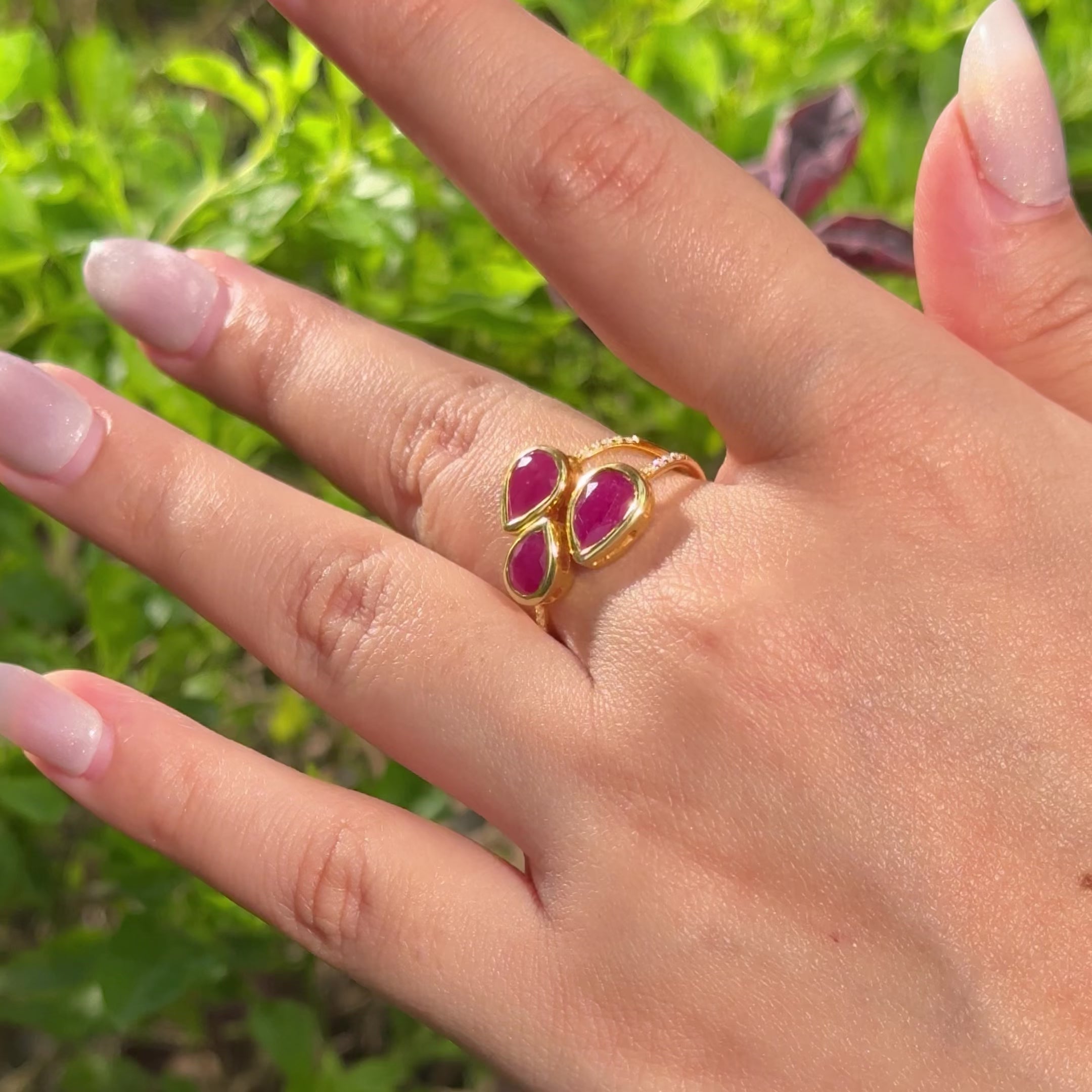 Three-Pear Ruby Adjustable Ring with CZ Accents in 18K Gold-Plated 925 Silver
