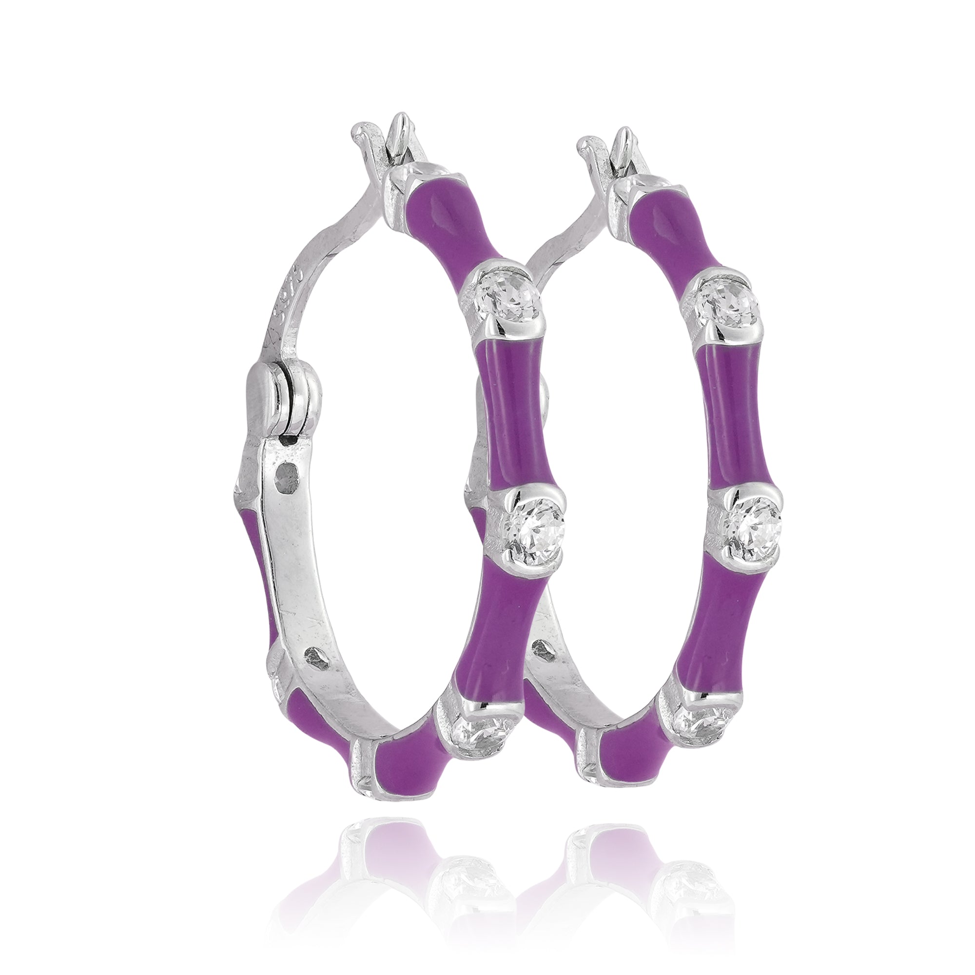 Front view of silver-toned half-hoop earrings with purple enamel detailing and cubic zirconia accents on a clean background.
